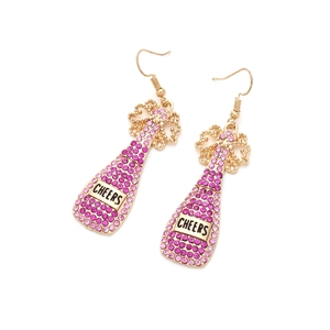 Chic gold alloy champagne bottle earrings with pink rhinestones and Cheers label