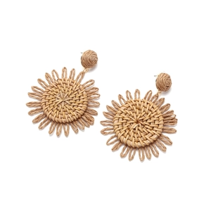 Handmade bohemian raffia earrings with sun-flower straw weave and natural fiber tassels