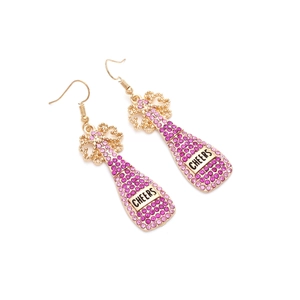Sparkling wine bottle drop earrings with pink rhinestones and 'CHEERS' engraved text