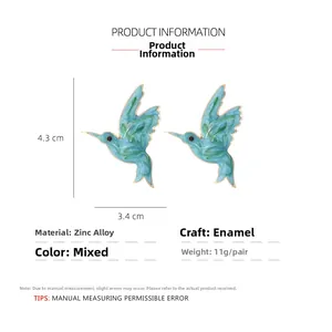 Detail showing enamel hummingbird earrings dimensions 4.3cm by 3.4cm in zinc alloy