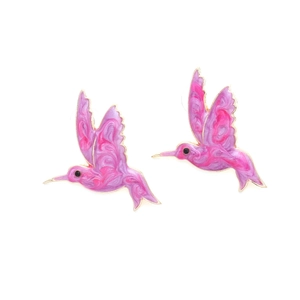 Macro detail of enamel hummingbird stud earrings with purple gradient and crystal eyes
