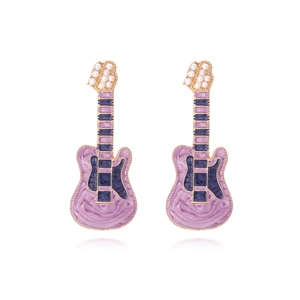 Pink punk guitar earrings with enamel finish and small pearls on white background