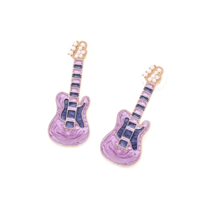 Artistic purple marble guitar earrings with pearl accents and gold-plated punk style details