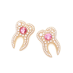 Boucles d'oreilles créatives en forme de dent avec perles blanches et cristaux roses