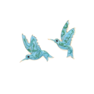Enamel hummingbird stud earrings in blue and green finish with golden metal outlines