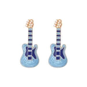 Punk style blue enamel guitar earrings with pearls and gold alloy finish for women