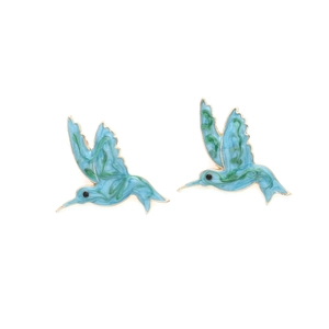 Detailed close-up of vibrant hummingbird earrings with blue and green enamel and gold finish