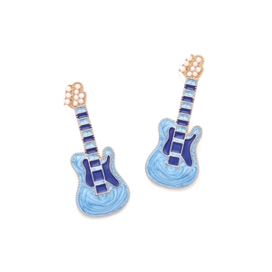 Detail of blue guitar enamel earrings with gold trim and white pearl accents on the headstock