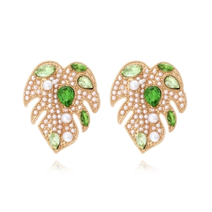 Monstera Leaf Stud Earrings With Green Rhinestone And Imitation Artificial Pearl Alloy Tropical Plant Jewelry For Women Vintage