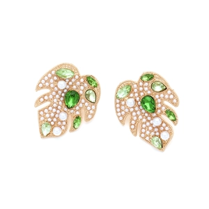 Elegant gold monstera leaf earrings with pearls and green crystals on white background