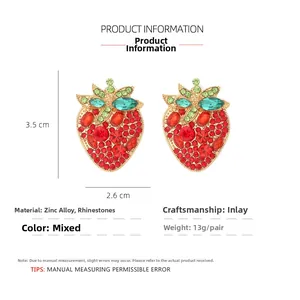 Detailed size specifications for rhinestone strawberry earrings in zinc alloy, 3.5cm by 2.6cm