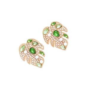 Detail of gold monstera leaf earrings with pearls and multi-tone green crystals
