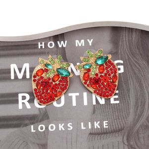Sparkling strawberry stud earrings with red and green crystals on golden base