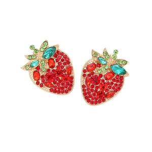 Sparkling strawberry stud earrings with red and green rhinestones in gold setting