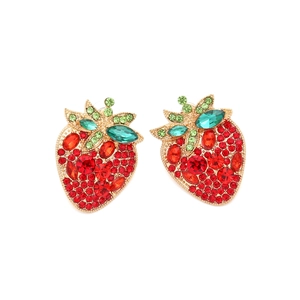 Detailed view of strawberry stud earrings with red rhinestones and green leaf gems