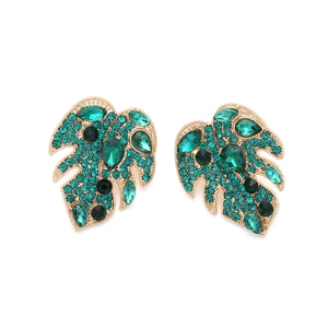 Elegant gold leaf earrings with emerald green crystals and faux pearls for women
