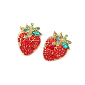 Sweet rhinestone strawberry stud earrings with red crystals on a gold alloy base