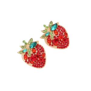 Sparkling strawberry stud earrings with red and green rhinestones on gold metal base