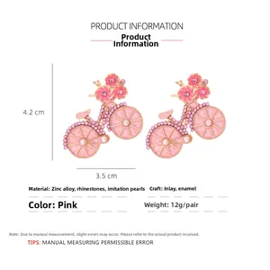 Detailed size chart for pink flower bicycle earrings with rhinestones and faux pearls