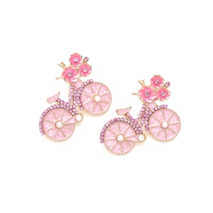 Elegant floral bicycle stud earrings with pink enamel, rhinestones and pearls