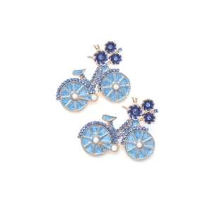 Elegant bicycle earrings with blue flower enamel, rhinestones and pearl accents
