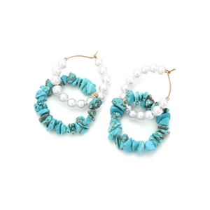 Bohemian double hoop earrings with turquoise stones and pearls in gold finish