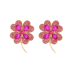 Boucles d'oreilles trèfle dorées de luxe avec diamants roses et cristaux rose rouge