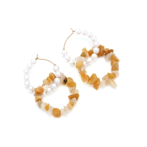 Ethnic style double hoop earrings with imitation pearls and yellow stone beads for women