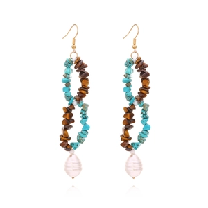 Bohemian Long Drop Earrings With Turquoise Tiger Eye Stone And Artificial Baroque Pearl Handmade Beaded Ethnic Style For Women
