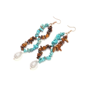 Bohemian beaded turquoise earrings with tiger eye stone and baroque pearl details