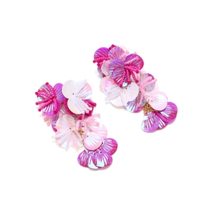 Detail von handgefertigten Blumenohrringen mit Pailletten und Perlen in Pink und Weiß