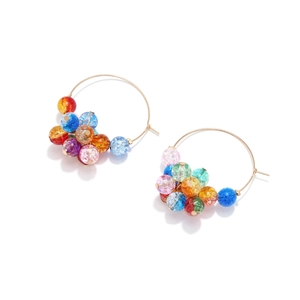 Colorful beaded hoop earrings with vibrant cracked texture beads and gold finish