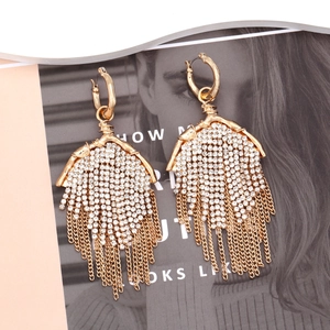 Luxurious long rhinestone tassel earrings with fan-shaped crystal studs in gold finish