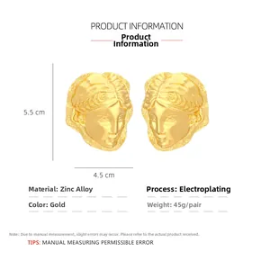 Detailed view of large gold face earrings in zinc alloy with dimensions 5.5cm by 4.5cm