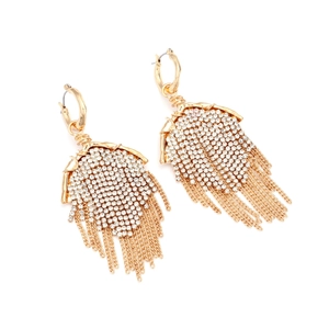 Luxurious gold long rhinestone tassel drop earrings with fan-shaped sparkling crystal pave
