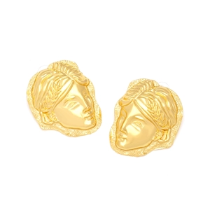 Retro gold alloy face relief stud earrings with classical female profile and olive leaf design