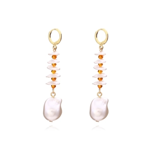 Boucles D Oreilles Longues À Pompons Avec Imitation Künstliche Perle Baroque Et Künstliche Perles De Cristal Oranges Style Coquillage Bijoux De Vacances Pour Femmes