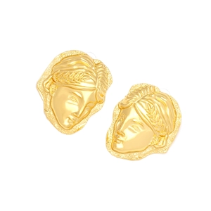 Vintage gold portrait earrings with embossed laurel leaf crown and irregular edges