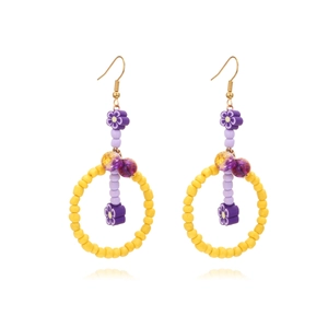 Boucles Oreilles Créoles Perles Fait Main Avec Fleurs En Résine Perruques Crochet Alliage Style Boho Rétro Pour Femmes