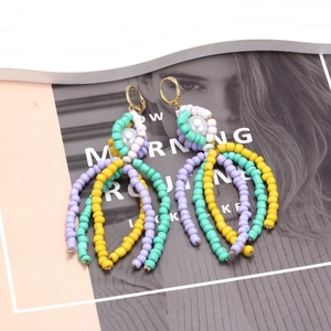 Bohemian colorful beaded tassel earrings with white pearls and gold metal hooks
