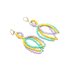 Handmade bohemian multilayer beaded tassel earrings in bright yellow and purple colors