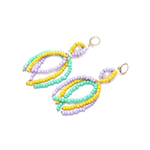 Colorful handmade beaded tassel earrings with triple-layered teardrop design and gold hooks