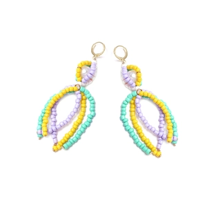 Bohemian handmade beaded tassel earrings with yellow, purple, and green candy colors