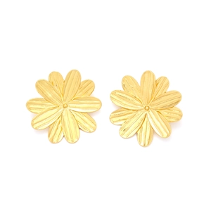 Minimalist gold flower stud earrings with textured metallic petals and vintage 3D design