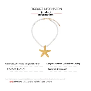 Detailed view of golden starfish pendant with woven rope chain and measurement specs