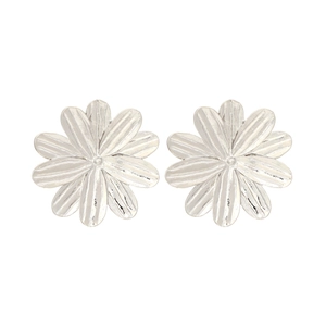 Minimalist silver flower stud earrings with detailed petal texture on white background
