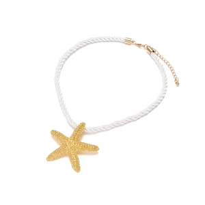 Gold starfish pendant necklace with white twisted rope chain for beach vacation wear