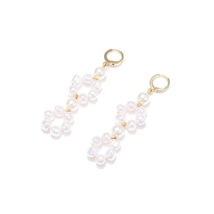Baroque pearl hoop drop earrings in gold finish with elegant double circle design