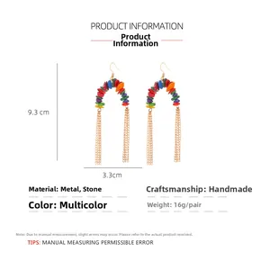 Ethnic handmade beaded fringe earrings with colorful stones and gold chains 9.3cm detail