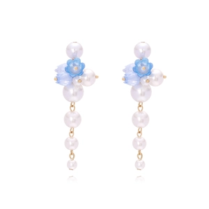 Elegant Long Tassel Drop Earrings With Blue Resin Flowers And White Faux Artificial Pearls Retro Gold Alloy Jewelry For Women
